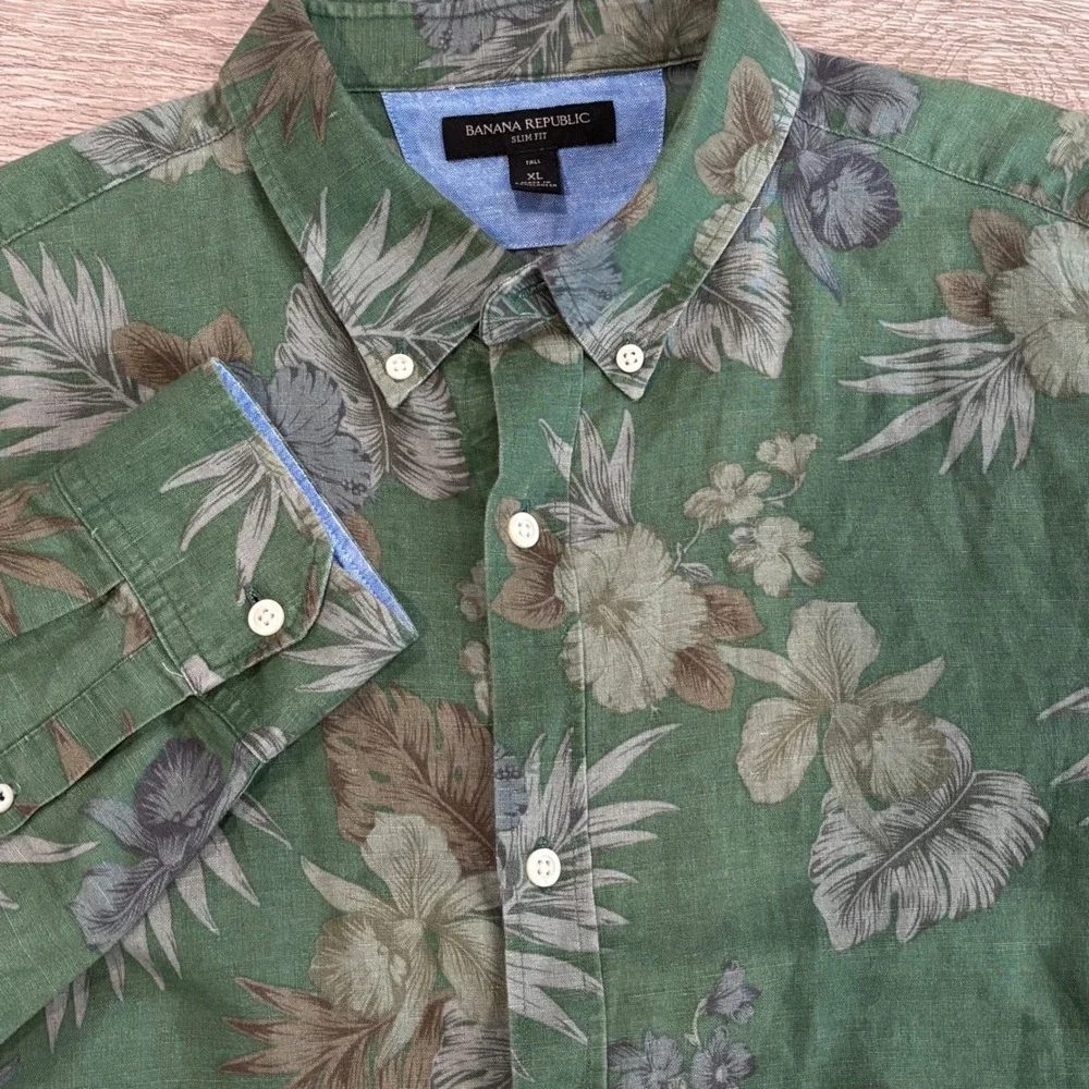 Banana Republic Button Down Shirt Mens XL Tall Green Floral Linen Blend Slim Fit